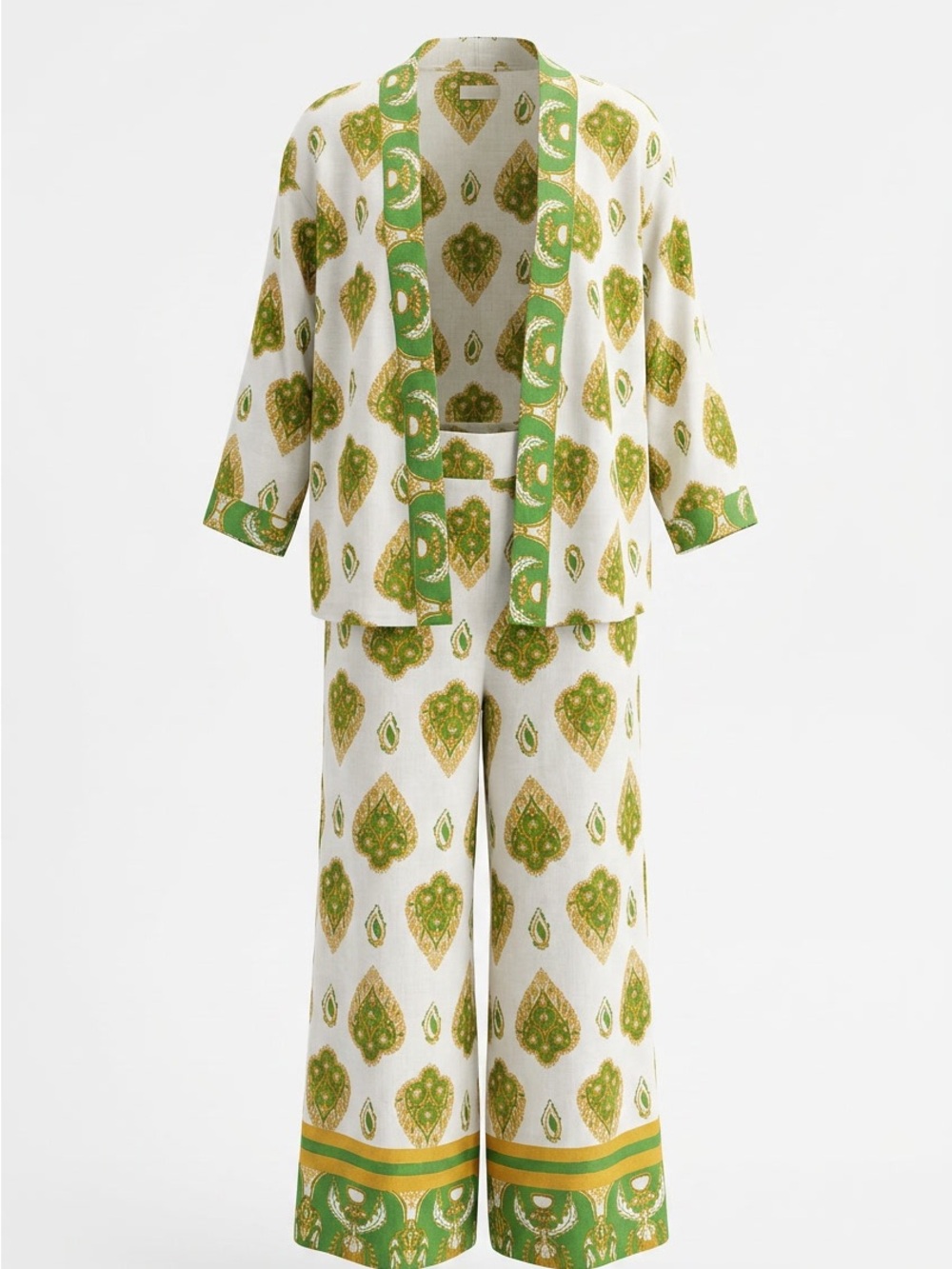 Haute Hippie Women’s White, Green & Gold Printed Linen Wide-Leg Pant Set - Picture 4 of 9
